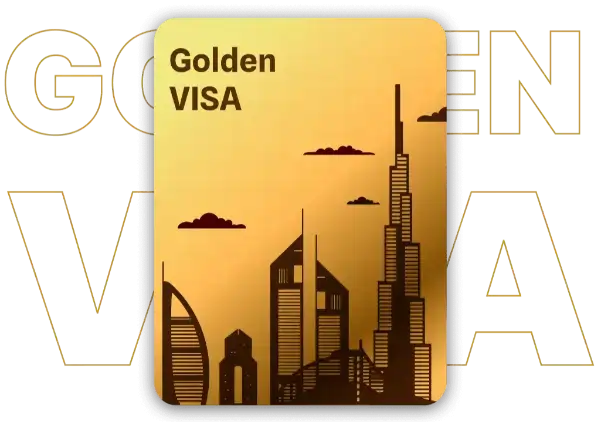 A gold card with buildings and Golden Visa UAE words